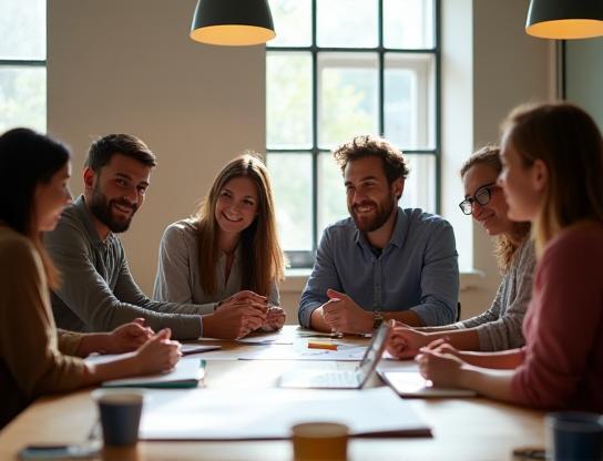 Equipe VozCast Studios reunida em mesa de planejamento criativo