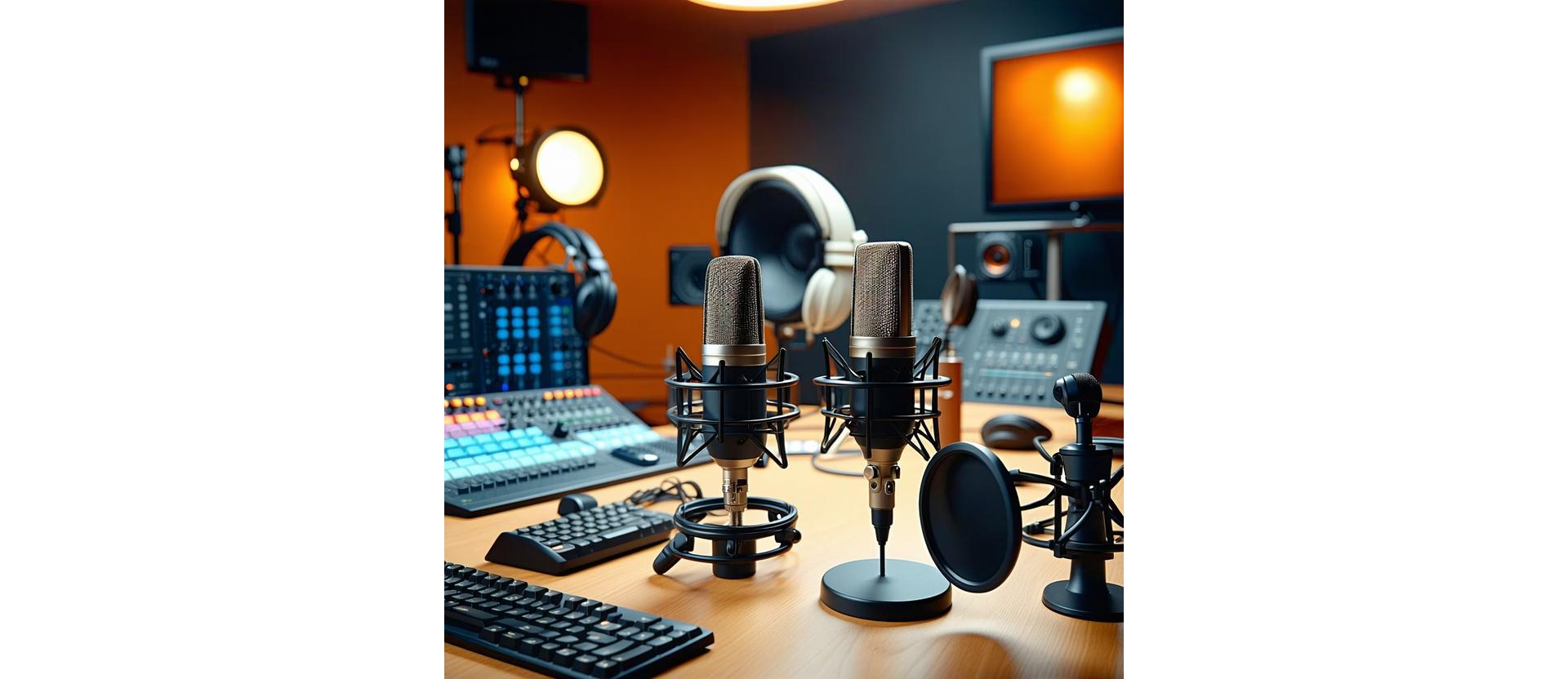 Estúdio moderno de podcast da VozCast Studios, microfones e locutores em ação